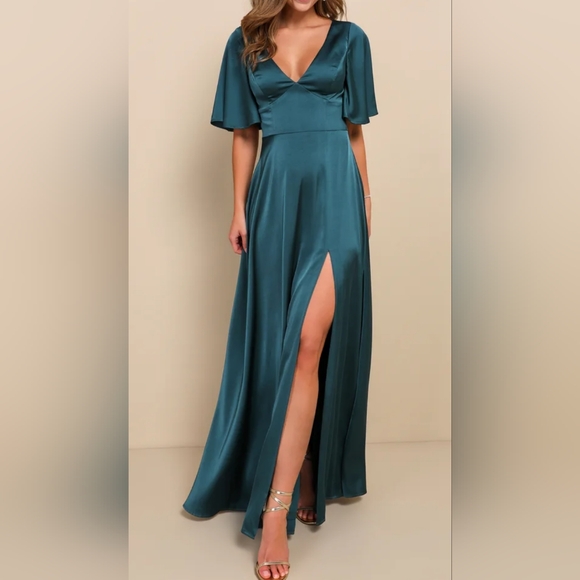 Lulus Dresses & Skirts - Lulu's Teal Maxi Flutter Sleeve Dress Size Large